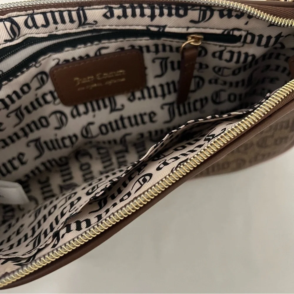 Juicy Couture Women Shoulder Bag Purse Chestnut/Pink Gold Dangle All Over Print